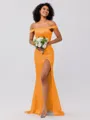 Sheath/Column Silk like Satin Ruched Off-the-Shoulder Sleeveless Sweep/Brush Train Bridesmaid Dresses