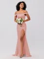 Sheath/Column Silk like Satin Ruched Off-the-Shoulder Sleeveless Sweep/Brush Train Bridesmaid Dresses