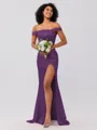 Sheath/Column Silk like Satin Ruched Off-the-Shoulder Sleeveless Sweep/Brush Train Bridesmaid Dresses