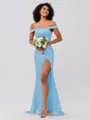 Sheath/Column Silk like Satin Ruched Off-the-Shoulder Sleeveless Sweep/Brush Train Bridesmaid Dresses