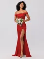 Sheath/Column Silk like Satin Ruched Off-the-Shoulder Sleeveless Sweep/Brush Train Bridesmaid Dresses