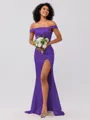 Sheath/Column Silk like Satin Ruched Off-the-Shoulder Sleeveless Sweep/Brush Train Bridesmaid Dresses