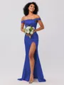 Sheath/Column Silk like Satin Ruched Off-the-Shoulder Sleeveless Sweep/Brush Train Bridesmaid Dresses