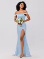 Sheath/Column Silk like Satin Ruched Off-the-Shoulder Sleeveless Sweep/Brush Train Bridesmaid Dresses