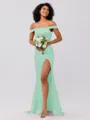 Sheath/Column Silk like Satin Ruched Off-the-Shoulder Sleeveless Sweep/Brush Train Bridesmaid Dresses
