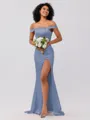 Sheath/Column Silk like Satin Ruched Off-the-Shoulder Sleeveless Sweep/Brush Train Bridesmaid Dresses