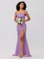 Sheath/Column Silk like Satin Ruched Off-the-Shoulder Sleeveless Sweep/Brush Train Bridesmaid Dresses