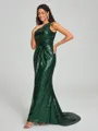 Sheath/Column One-Shoulder Sweep/Brush Train Sleeveless Sequins Bridesmaid Dress