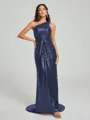 Sheath/Column One-Shoulder Sweep/Brush Train Sleeveless Sequins Bridesmaid Dress
