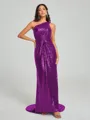 Sheath/Column One-Shoulder Sweep/Brush Train Sleeveless Sequins Bridesmaid Dress