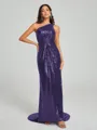 Sheath/Column One-Shoulder Sweep/Brush Train Sleeveless Sequins Bridesmaid Dress