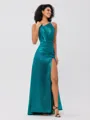 Sheath/Column Charmeuse Ruched Scoop Sleeveless Sweep/Brush Train Bridesmaid Dresses