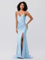Sheath/Column Silk Like Satin Ruched Spaghetti Straps Sleeveless Sweep/Brush Train Bridesmaid Dresses