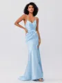 Sheath/Column Silk Like Satin Ruched Spaghetti Straps Sleeveless Sweep/Brush Train Bridesmaid Dresses