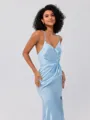 Sheath/Column Silk Like Satin Ruched Spaghetti Straps Sleeveless Sweep/Brush Train Bridesmaid Dresses