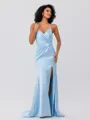 Sheath/Column Silk Like Satin Ruched Spaghetti Straps Sleeveless Sweep/Brush Train Bridesmaid Dresses