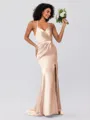 Sheath/Column Silk Like Satin Ruched Spaghetti Straps Sleeveless Sweep/Brush Train Bridesmaid Dresses