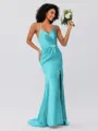 Sheath/Column Silk Like Satin Ruched Spaghetti Straps Sleeveless Sweep/Brush Train Bridesmaid Dresses