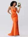 Sheath/Column Silk Like Satin Ruched Spaghetti Straps Sleeveless Sweep/Brush Train Bridesmaid Dresses