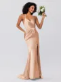 Sheath/Column Silk Like Satin Ruched Spaghetti Straps Sleeveless Sweep/Brush Train Bridesmaid Dresses