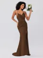 Sheath/Column Silk Like Satin Ruched Spaghetti Straps Sleeveless Sweep/Brush Train Bridesmaid Dresses