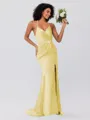 Sheath/Column Silk Like Satin Ruched Spaghetti Straps Sleeveless Sweep/Brush Train Bridesmaid Dresses