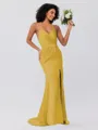 Sheath/Column Silk Like Satin Ruched Spaghetti Straps Sleeveless Sweep/Brush Train Bridesmaid Dresses