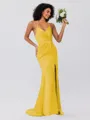 Sheath/Column Silk Like Satin Ruched Spaghetti Straps Sleeveless Sweep/Brush Train Bridesmaid Dresses