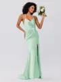 Sheath/Column Silk Like Satin Ruched Spaghetti Straps Sleeveless Sweep/Brush Train Bridesmaid Dresses