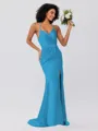 Sheath/Column Silk Like Satin Ruched Spaghetti Straps Sleeveless Sweep/Brush Train Bridesmaid Dresses
