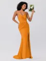 Sheath/Column Silk Like Satin Ruched Spaghetti Straps Sleeveless Sweep/Brush Train Bridesmaid Dresses