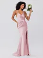 Sheath/Column Silk Like Satin Ruched Spaghetti Straps Sleeveless Sweep/Brush Train Bridesmaid Dresses