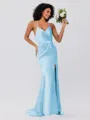 Sheath/Column Silk Like Satin Ruched Spaghetti Straps Sleeveless Sweep/Brush Train Bridesmaid Dresses