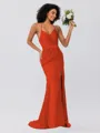 Sheath/Column Silk Like Satin Ruched Spaghetti Straps Sleeveless Sweep/Brush Train Bridesmaid Dresses
