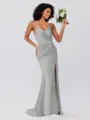 Sheath/Column Silk Like Satin Ruched Spaghetti Straps Sleeveless Sweep/Brush Train Bridesmaid Dresses
