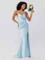 Sheath/Column Silk Like Satin Ruched Spaghetti Straps Sleeveless Sweep/Brush Train Bridesmaid Dresses