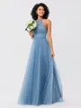A-Line/Princess Tulle Ruched Halter Sleeveless Floor-Length Bridesmaid Dresses