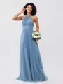 A-Line/Princess Tulle Ruched Halter Sleeveless Floor-Length Bridesmaid Dresses