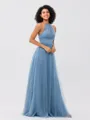 A-Line/Princess Tulle Ruched Halter Sleeveless Floor-Length Bridesmaid Dresses