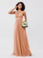 A-Line/Princess Tulle Ruched Halter Sleeveless Floor-Length Bridesmaid Dresses