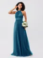 A-Line/Princess Tulle Ruched Halter Sleeveless Floor-Length Bridesmaid Dresses