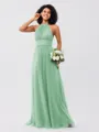 A-Line/Princess Tulle Ruched Halter Sleeveless Floor-Length Bridesmaid Dresses