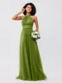 A-Line/Princess Tulle Ruched Halter Sleeveless Floor-Length Bridesmaid Dresses