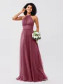 A-Line/Princess Tulle Ruched Halter Sleeveless Floor-Length Bridesmaid Dresses