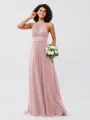 A-Line/Princess Tulle Ruched Halter Sleeveless Floor-Length Bridesmaid Dresses
