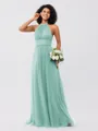 A-Line/Princess Tulle Ruched Halter Sleeveless Floor-Length Bridesmaid Dresses
