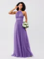 A-Line/Princess Tulle Ruched Halter Sleeveless Floor-Length Bridesmaid Dresses