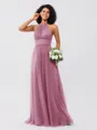 A-Line/Princess Tulle Ruched Halter Sleeveless Floor-Length Bridesmaid Dresses