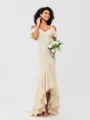 Trumpet/Mermaid Jersey Ruffles V-neck Sleeveless Asymmetrical Bridesmaid Dresses