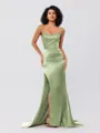 Sheath/Column Silk Like Satin Ruched Square Sleeveless Sweep/Brush Train Bridesmaid Dresses